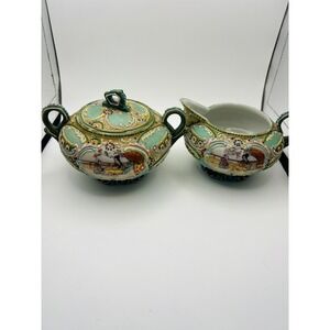 Antique Japanese Satsuma Moriage Sugar Bowl and Creamer Set Geisha Scene Green